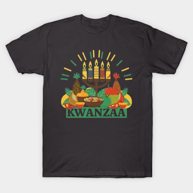 Kwanzaa Unity Feast,Kwanzaa, unity, feast, kinara, candles, principles, holiday, celebration, cultural, vibrant T-Shirt by designe stor 